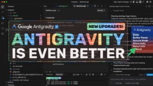 Screenshot showing new Skills in Antigravity 3.0, with options for workspace sharing and on-demand triggers.