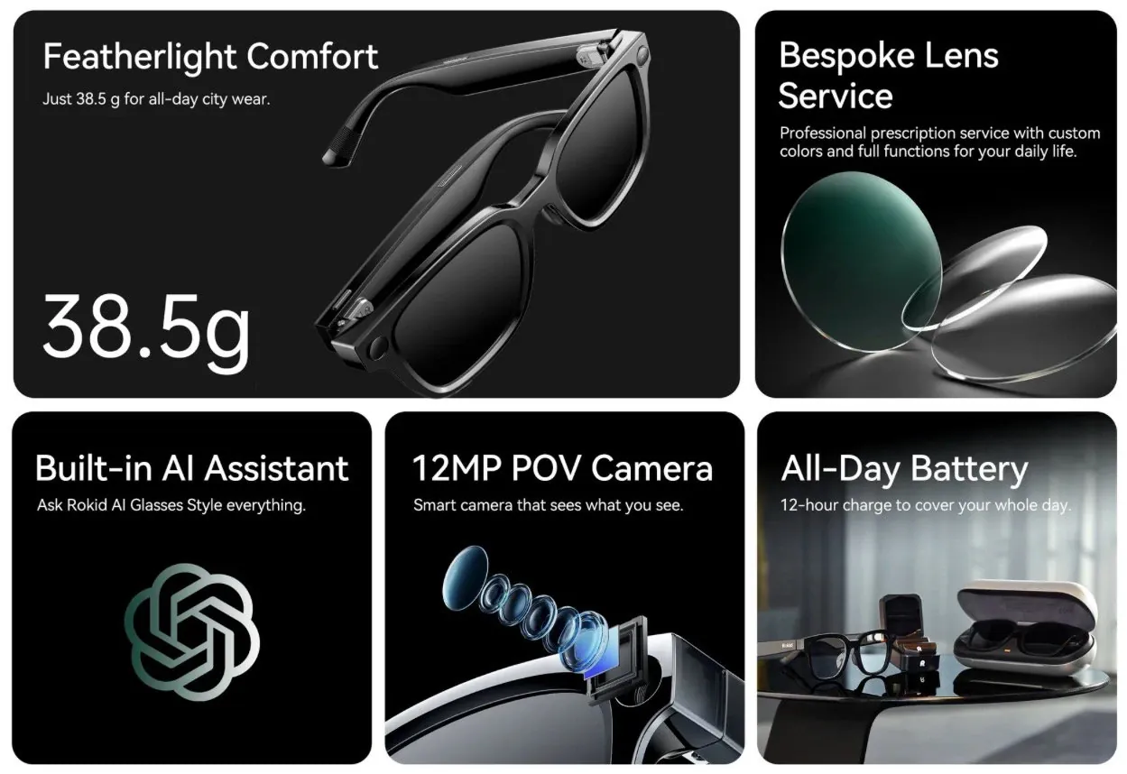 Photochromic lenses change tint in sunlight, with optional prescription inserts for blue light and UV protection.