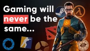 A timeline collage showing Valve’s rise from Half-Life to Steam, highlighting landmarks and community milestones.