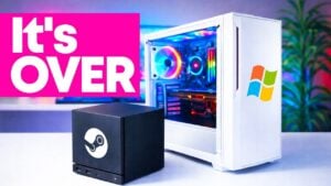 A bootable USB stick loads the SteamOS installer on a screen, guiding through a simple setup process for newcomers.