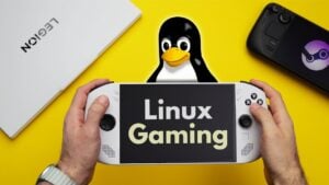 PC setup running a Linux distribution with Proton while a Windows title loads, showing near-native performance.