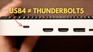 System info screen confirms Thunderbolt 5 features while another device reports only USB4 v2, preventing buyer confusion.