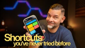 The Shortcuts gallery appears with a custom workflow that files Instagram finds under a dedicated recipes folder in Notes.