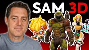 SAM 3D interface preview including skeletal body estimation, manual edits, and visual style options like shimmer.
