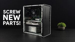 HP Pavilion M01 desktop on a desk, shown as a low-cost base system for a gaming upgrade.