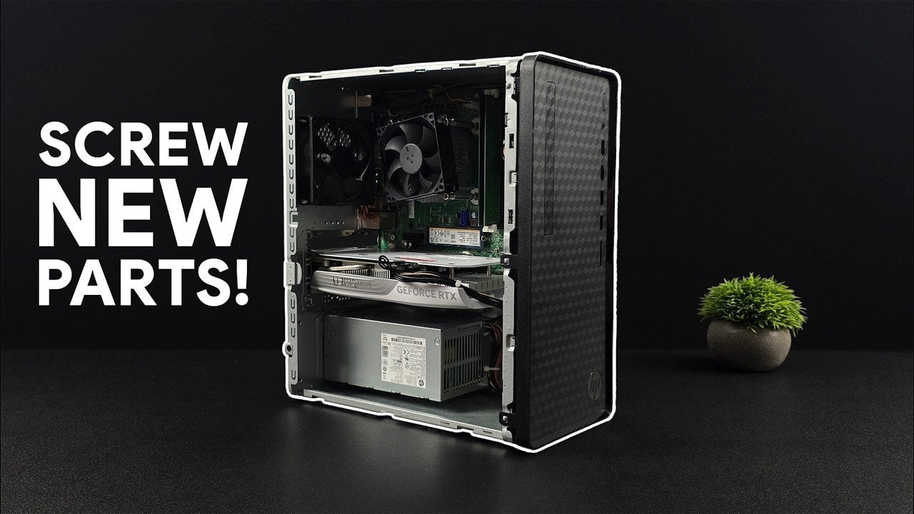 HP Pavilion M01 desktop on a desk, shown as a low-cost base system for a gaming upgrade.