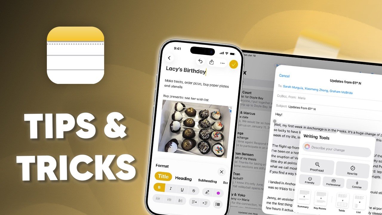 Math Notes example with handwritten equations, variables changing in real time, and a graph beside the results.