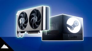 ASRock DeskMeet X600 case opened during an RTX 5060 install, showing tight space around cables and GPU bracket.