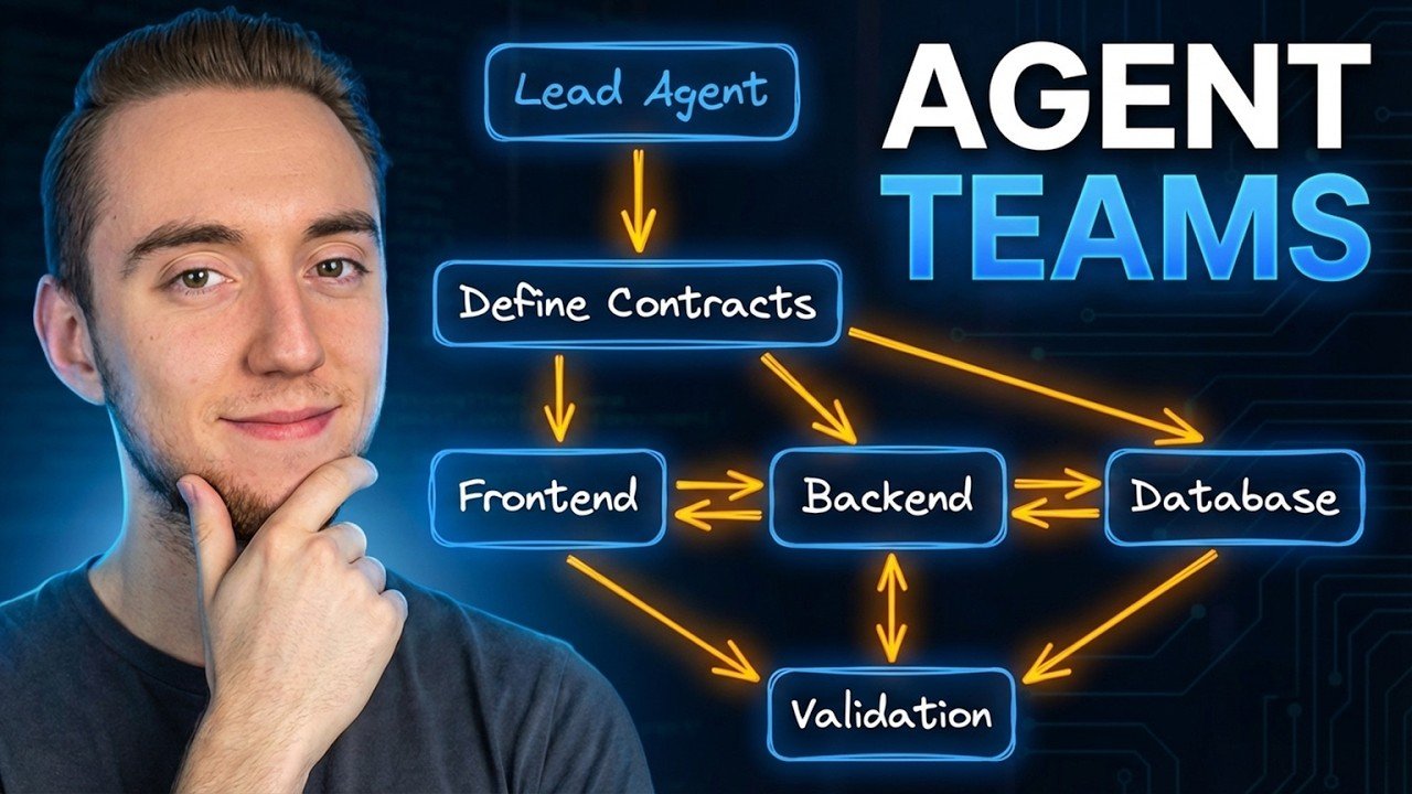 Diagram showing Claude Code Agent Teams splitting front end, back end, and database tasks in parallel.