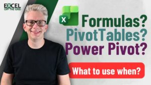 Flowchart guiding tool choice by calculation depth and volume, sending users to formulas, PivotTables, or Power Pivot.