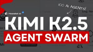 Interface showing Kimi K2.5 running many agents at once, each assigned to tasks like writing, coding, and marketing.