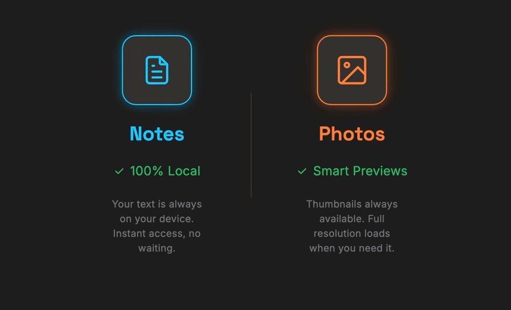 Screenshot of Heaper showing local-first files stored on a laptop with offline access indicators and recent edits.