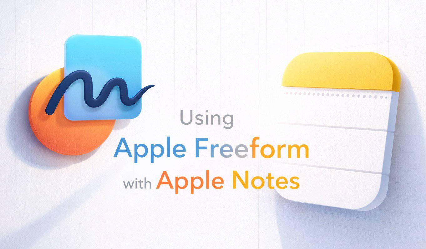 A Freeform canvas beside Apple Notes, showing a linked board and a note for quick switching.
