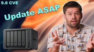 Hands applying DSM 7.3.2 Update 1 on a Synology NAS after learning about a critical 9.8 severity flaw.
