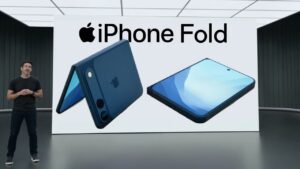 Foldable iPhone design showcasing innovative hinge and button placement