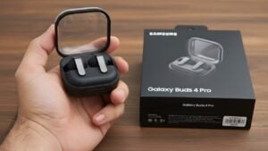 Galaxy Buds 4 Pro with transparent charging case design