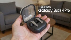 Close-up of Samsung Galaxy Buds 4 Pro wireless earbuds with sleek design