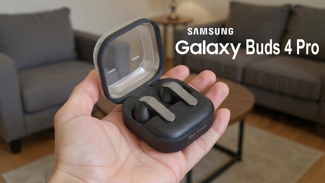 Close-up of Samsung Galaxy Buds 4 Pro wireless earbuds with sleek design