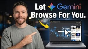 Notion page beside Chrome as Auto-Browse copies research notes into a structured outline for a video plan.