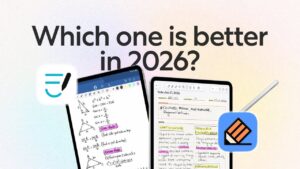 Audio recording with synced text playback illustrated, alongside math recognition and an AI math helper in GoodNotes.