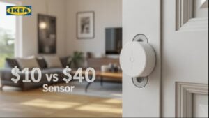 Side-by-side sensors from IKEA and Hue on a table, highlighting the $10 price against a $40 competitor.