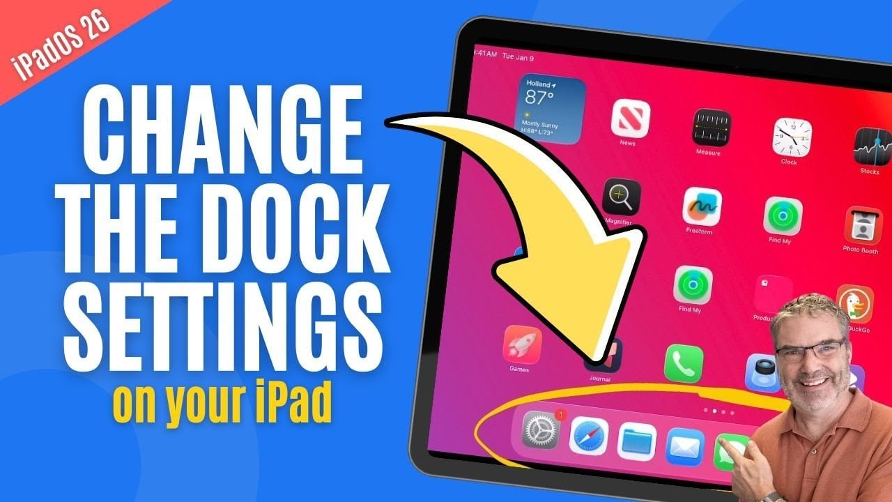 An iPad Home Screen shows the dock with pinned apps and a clear divider line near the right.