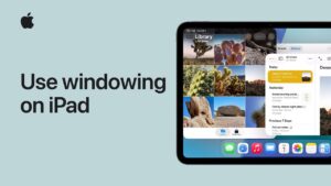 Window controls menu on iPad with options to minimize, tile into quarters, or return to full screen.