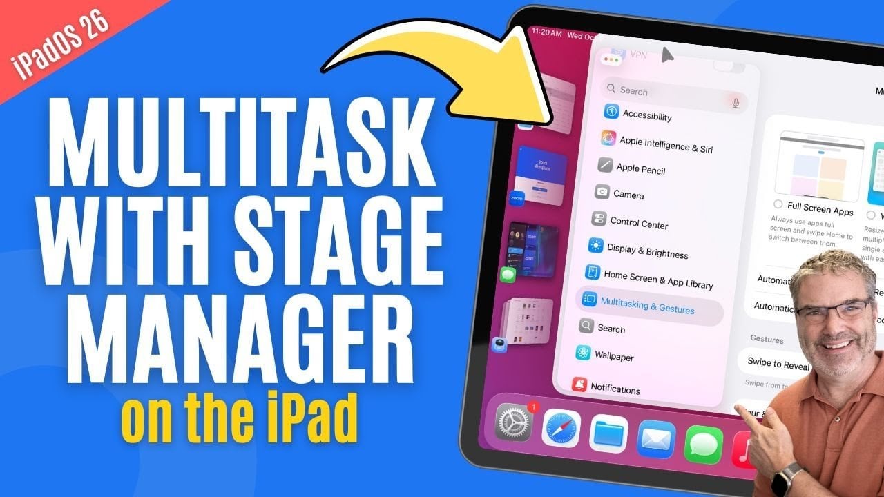 iPad Settings screen showing Multitasking and Gestures, with Stage Manager option ready to turn on.