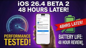 Performance view showing improved memory handling on iOS 26.4 Beta 2, alongside notes about occasional app freezes.