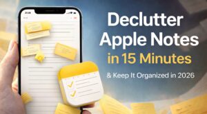 An iPhone showing Apple Notes with a short checklist for a 15-minute weekly cleanup routine.
