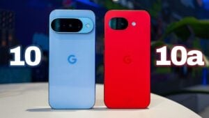 Side-by-side design comparison of Pixel 10 and Pixel 10A smartphones