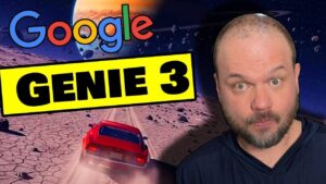 Genie 3 generating a moving train scene, windows showing shifting scenery and weather while physics handle motion.