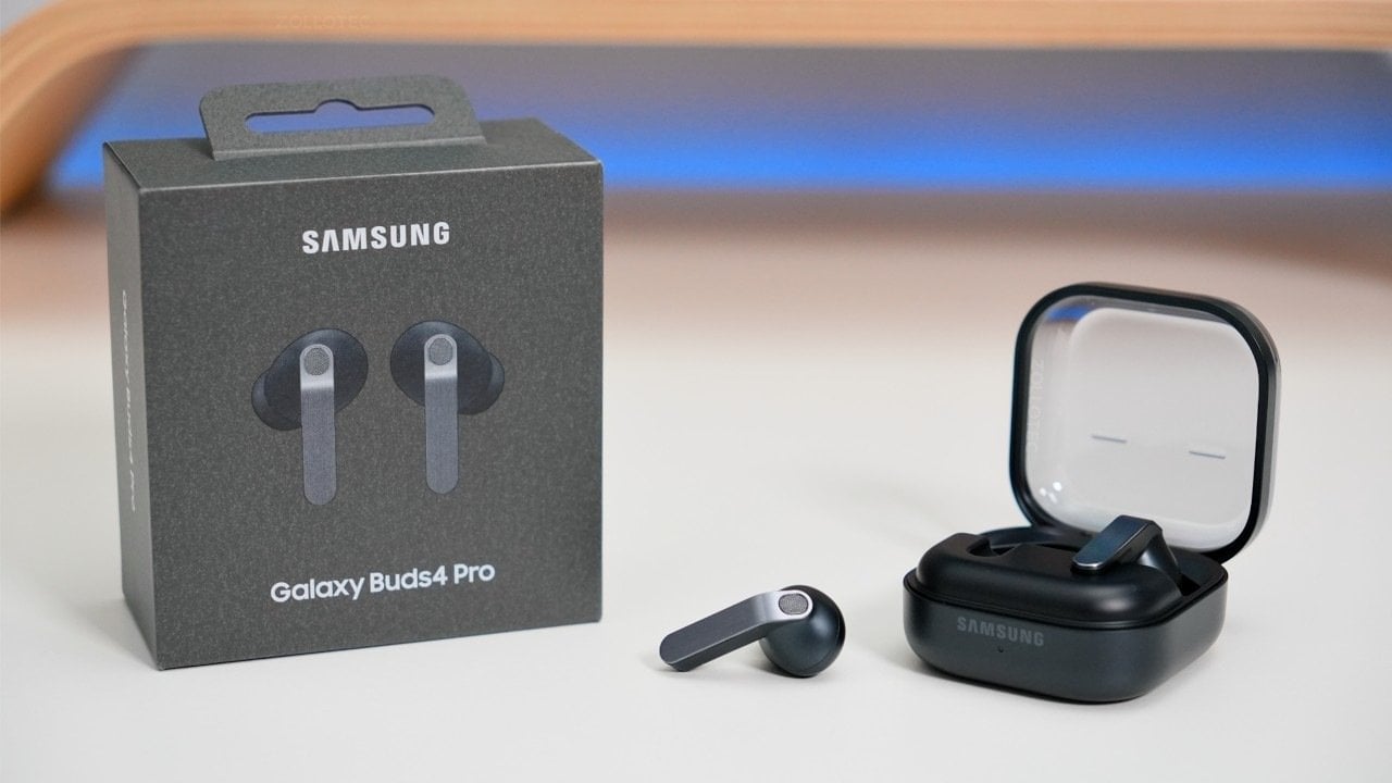 Close-up of Samsung Galaxy Buds 4 Pro showcasing sleek design and metallic accents