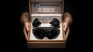 Side-by-side comparison graphic highlighting Steam Frame and Quest 3 display and refresh rate differences.