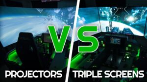 Triple screen flight sim cockpit running Flight Simulator 2020, with crisp gauges and wide support across menus.