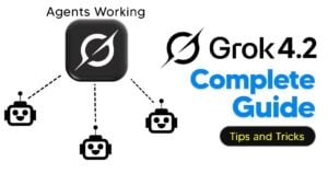 Simple diagram showing Grok 4.2 split into four agents working together on one question.