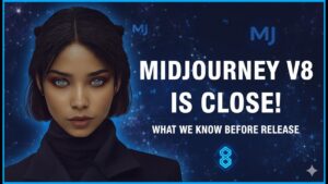 Example images show Midjourney V8 producing readable street signs and clean label text from complex prompts.