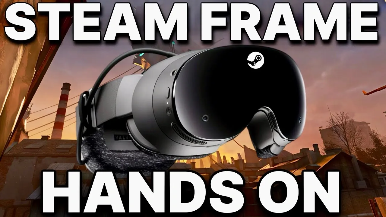 Half-Life Alyx gameplay on Valve Steam Frame, with performance notes showing low settings and 40–50 FPS range.