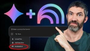 Screenshot-style graphic showing Gemini connected to several Notebook LM notebooks for cross-referenced answers with citations.