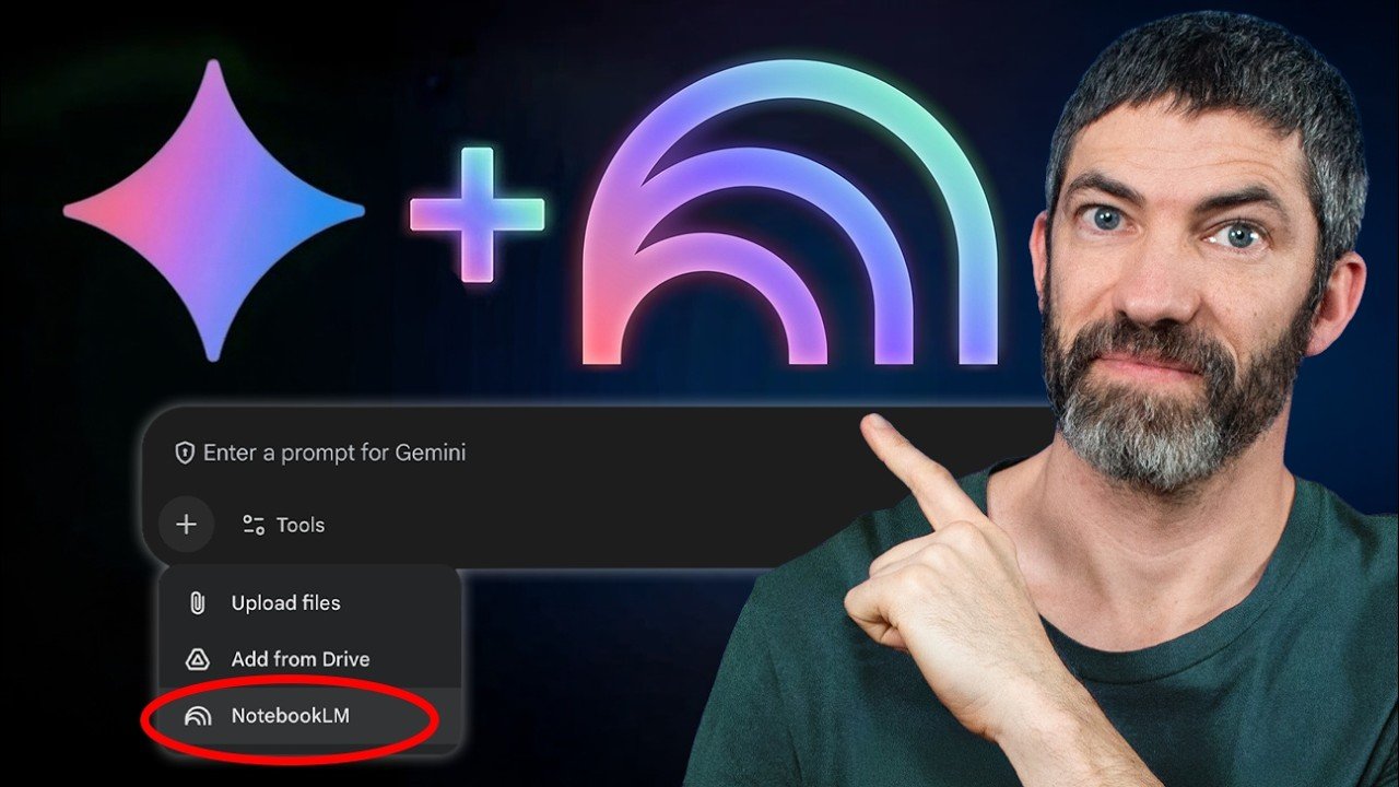 Screenshot-style graphic showing Gemini connected to several Notebook LM notebooks for cross-referenced answers with citations.