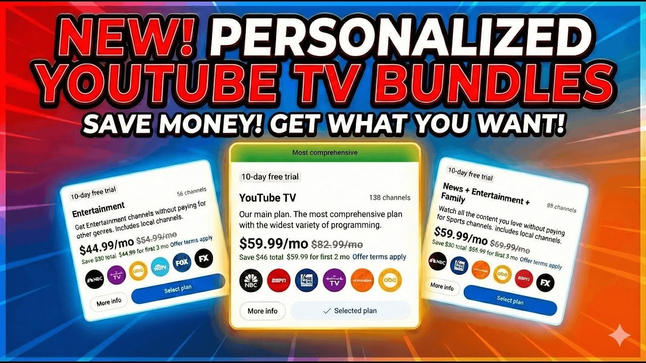 YouTube TV screen showing bundle choices with prices, alongside a note about the $83 base plan.