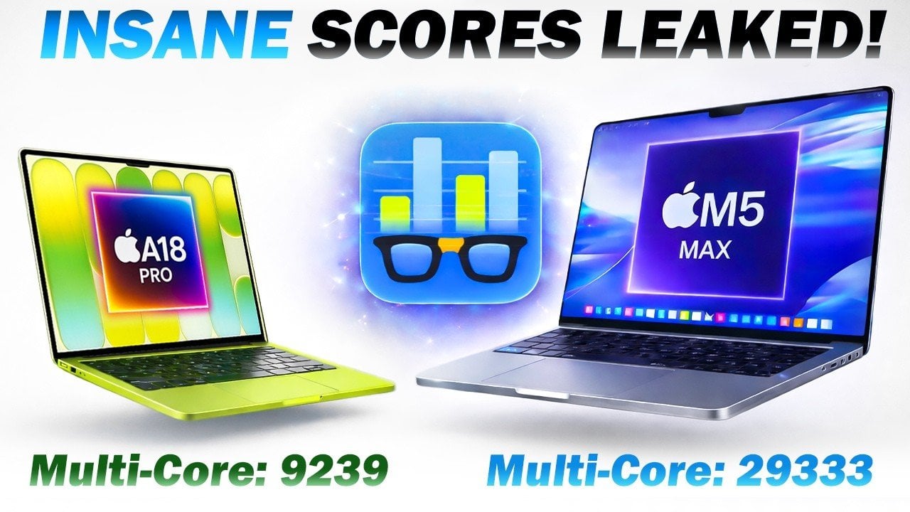 Benchmark summary card listing M5 Max single-core roughly 4,340 and notes about high-end laptop GPU comparisons.