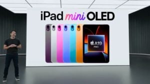 Close-up graphic highlighting the A19 Pro 3nm chip listed as the expected iPad mini 8 processor.