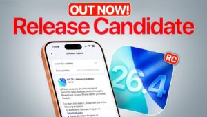 iPhone Software Update page showing iOS 26.4 RC installing, with progress bar and device storage details visible.