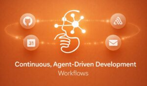 Developer workflow diagram showing AI agents filing pull requests, running tests, and updating documentation overnight.