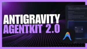 Antigravity AgentKit 2.0 IDE screen showing agent selection, commands, and a running task timeline.