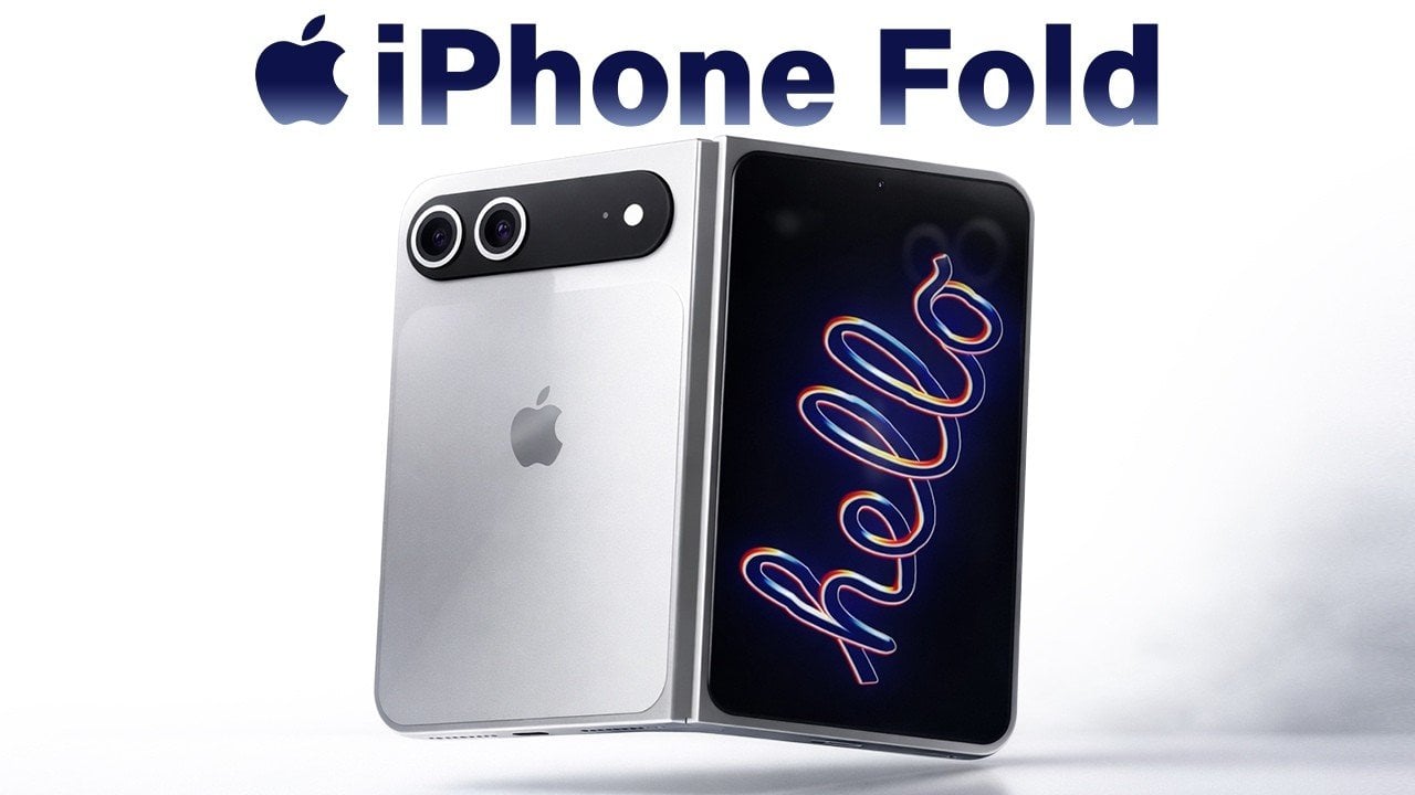 Render of Apple iPhone Fold concept showing 7.8-inch inner screen and 5.5-inch outer display side by side.