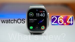 Apple Watch showing the watchOS 26.4 software update page with download progress and install options visible.