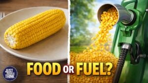 Side-by-side comparison of biofuels and fossil fuels, highlighting land use change and total carbon emissions.