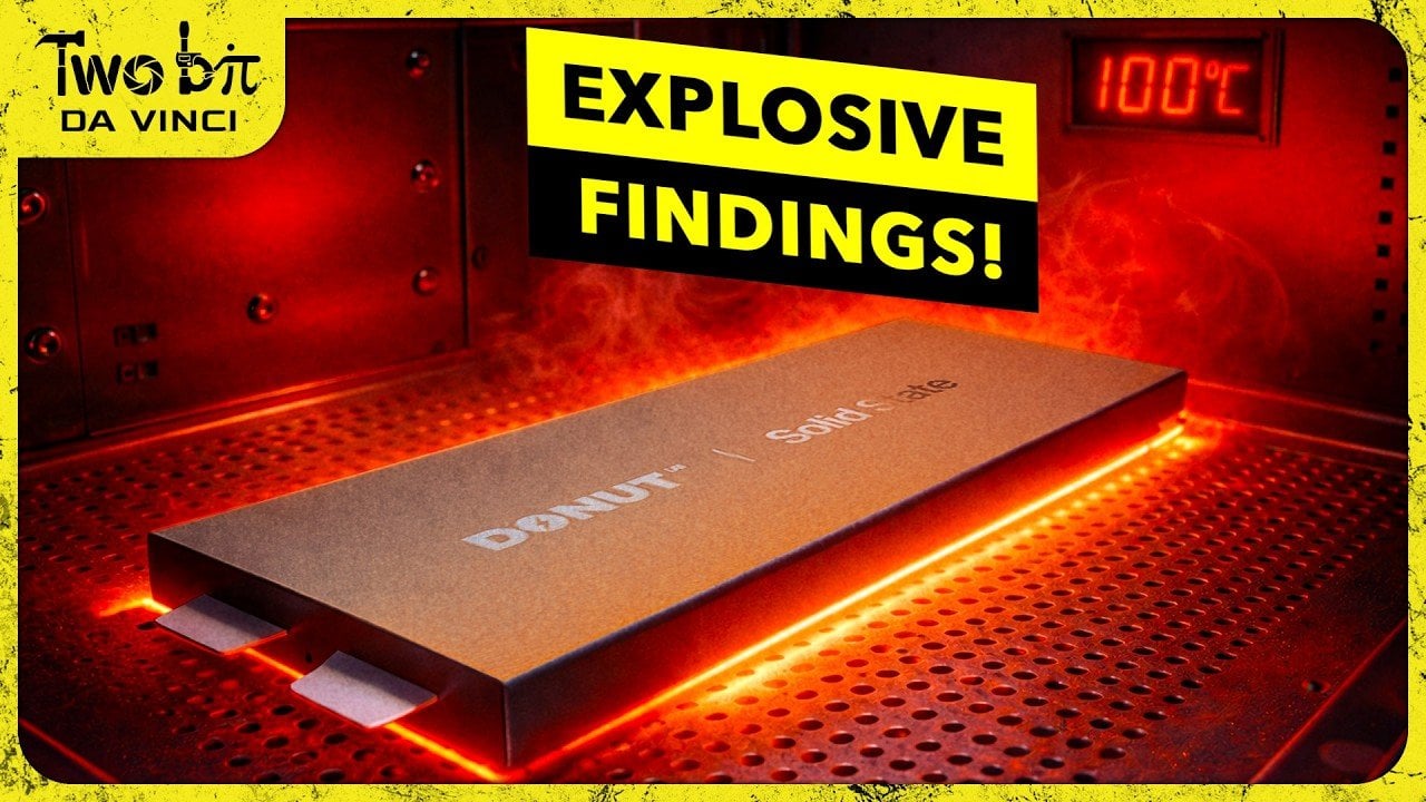 Close-up of a battery pouch breach after 100C exposure, with the cell still powering a test load.